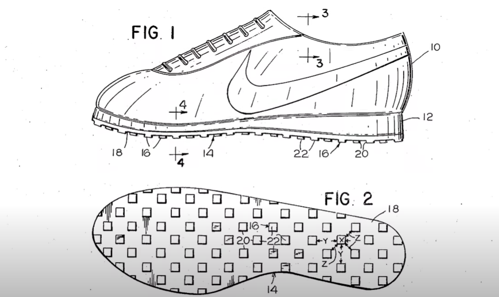 Photo credit: A Hstory of Waffles by the History Guy. Shows the design of Nike brand running shoe soles made with a waffle iron